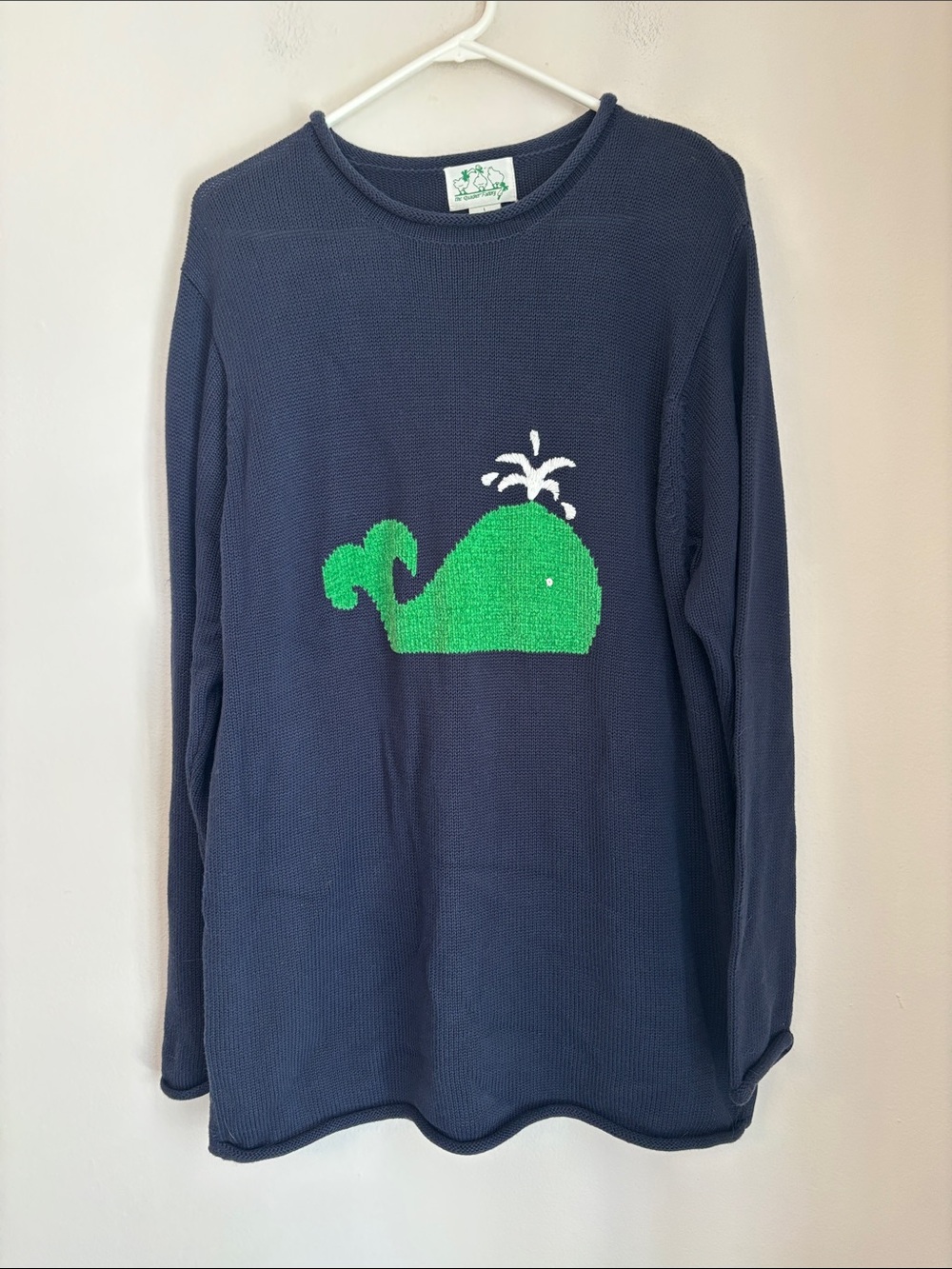 Vintage Quaker Factory Navy Whale novelty roll neck Sweater knit cute Women’s LG